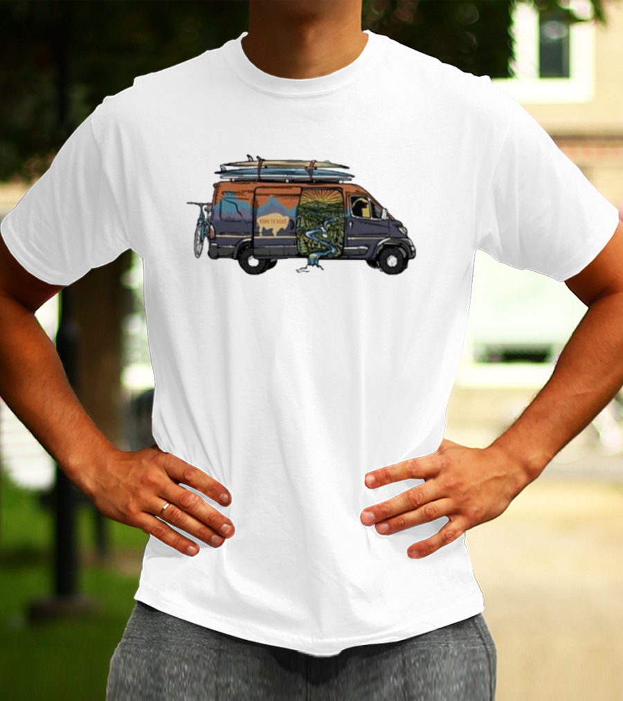 Born To Roam Adventure Camper With Surfboards And Bicycles T-Shirt