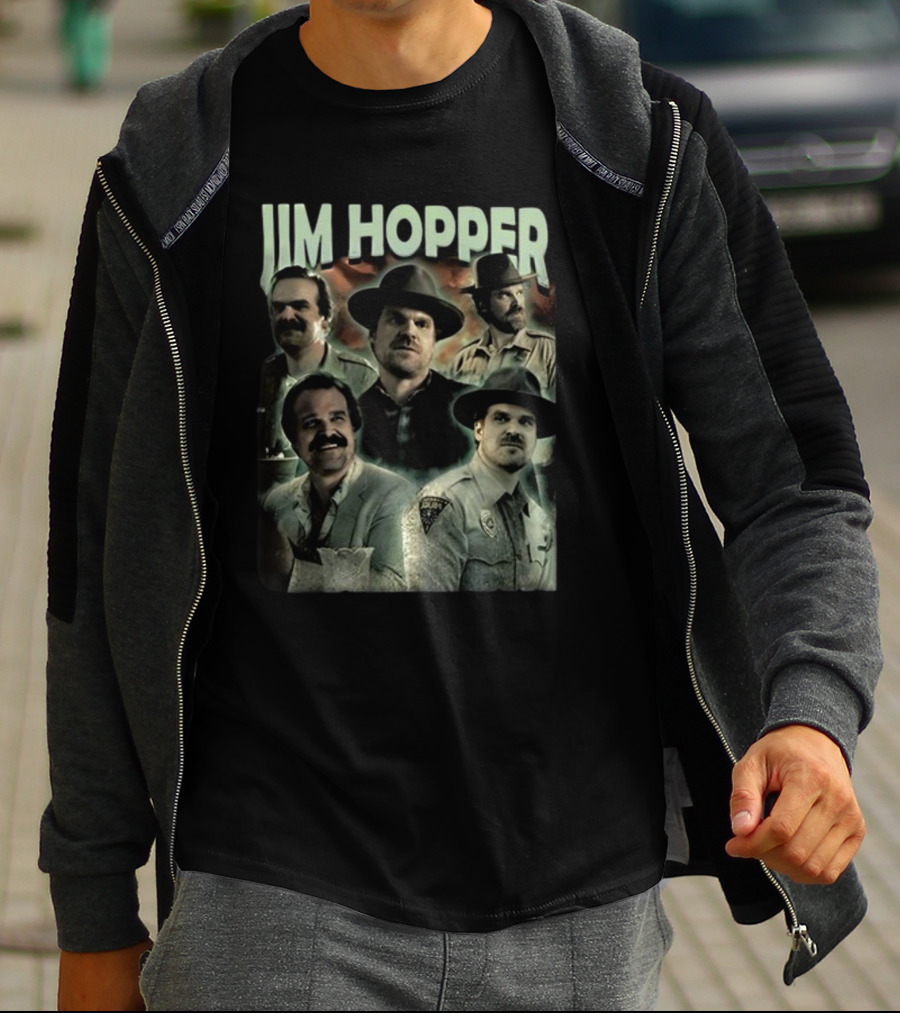 Jim Hopper Vintage Frtingglitter Nostalgic Character Montage T-Shirt