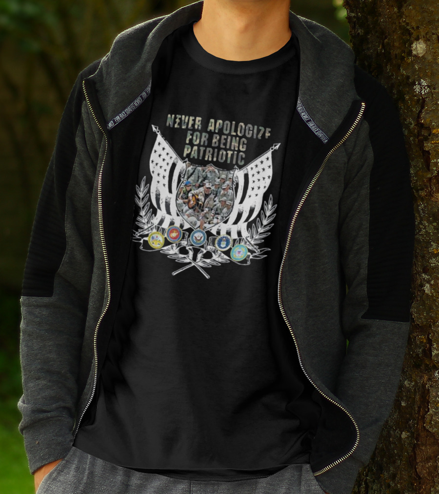Never Apologize For Being Patriotic Military Tribute With Flags And Emblems T-Shirt