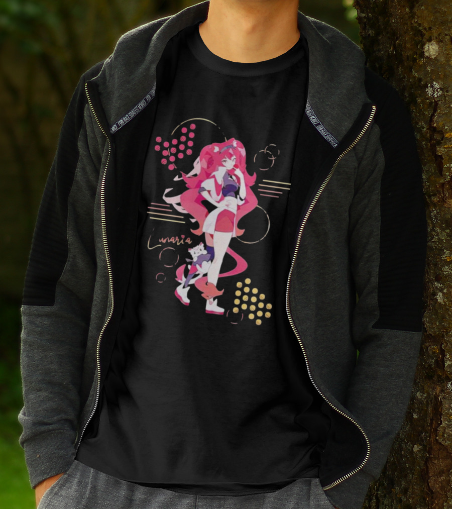 Lunaria Streetwear Pink Hair Girl With Cat And Circles T-Shirt
