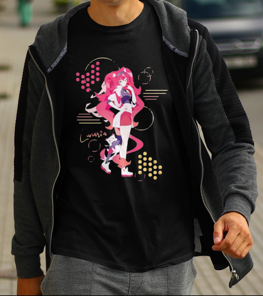 Lunaria Streetwear Pink Hair Girl With Cat And Circles T-Shirt