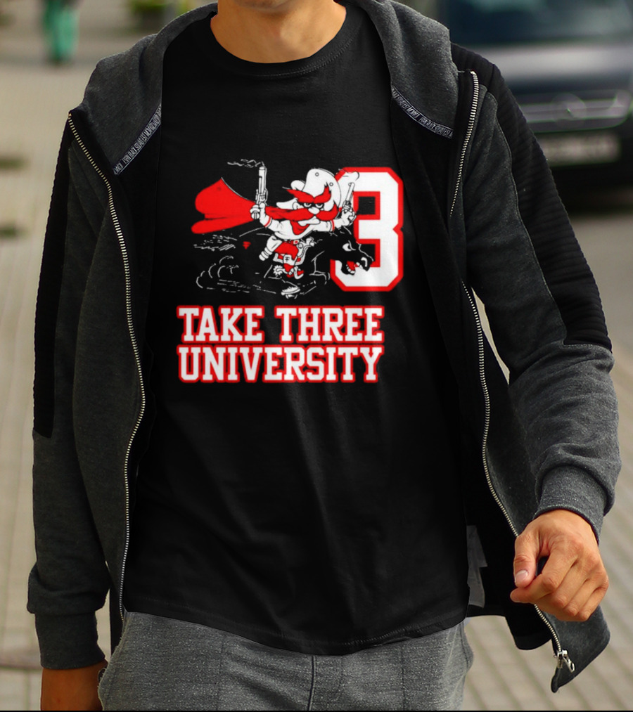 Take Three University Cowboy Mascot With Dual Pistols Number 3 T-Shirt