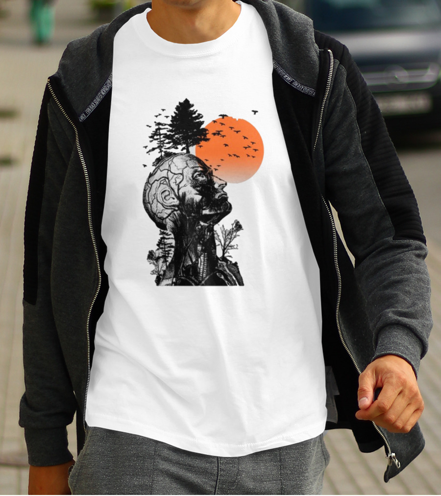 Jason Kelce Hangover Brain Anatomy With Sunset And Flying Birds T-Shirt