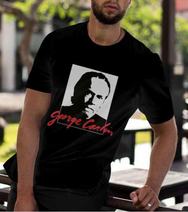 George Carlin Sometimes A Little Brain Damage Can Help Black And White Portrait Mike Cessario T-Shirt