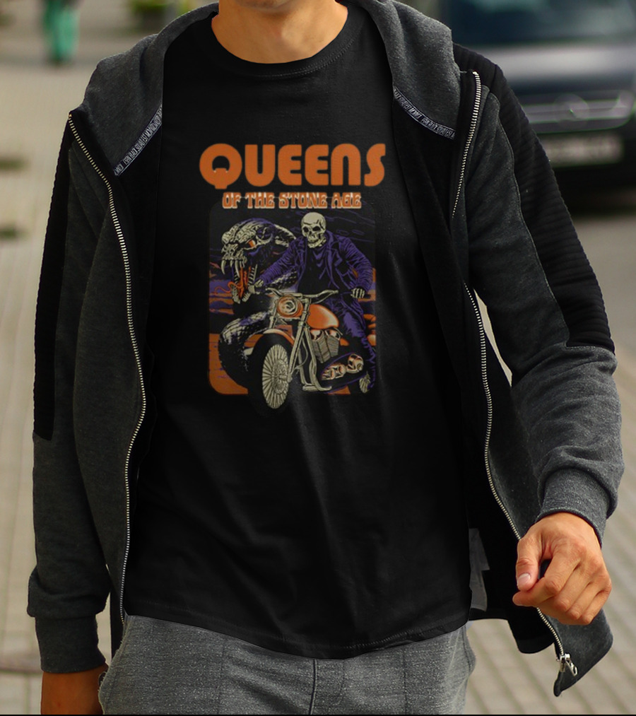 Queens Of The Stone Age Skeleton Biker With Snake Background T-Shirt