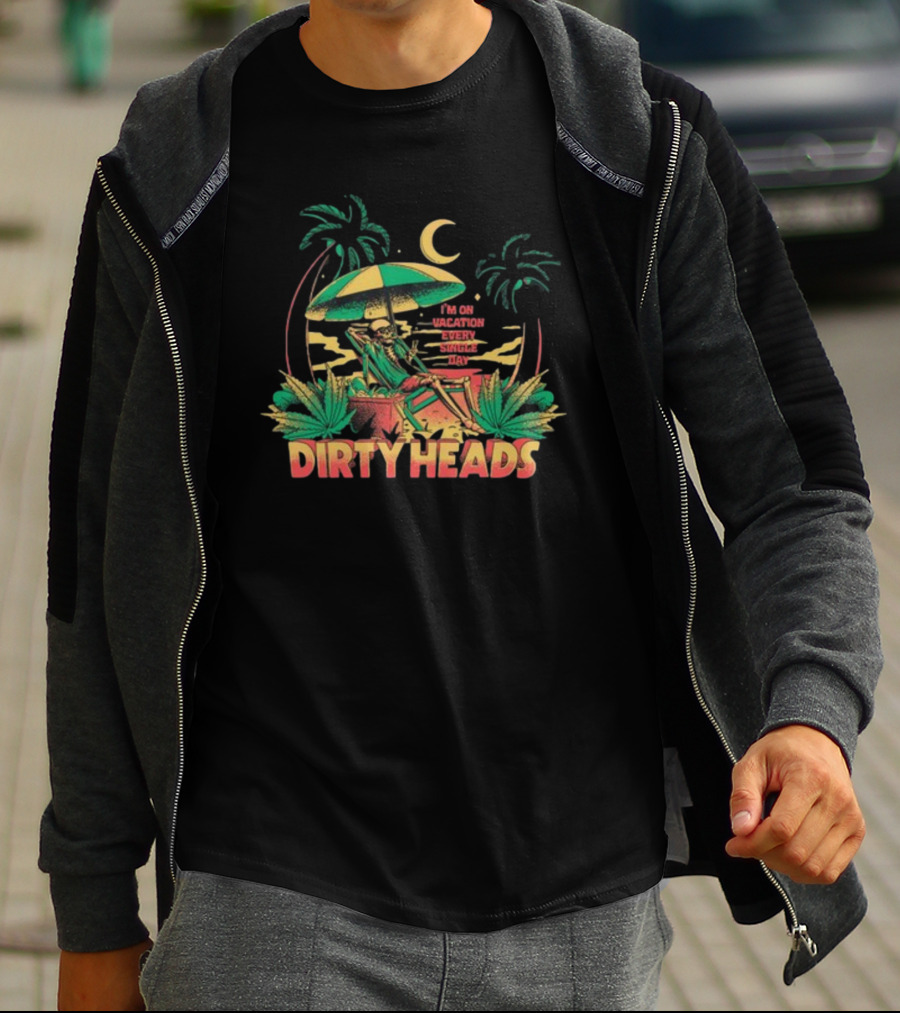 Dirty Heads I'm On Vacation Every Single Day 4-20 Tropical Skeleton Palm Trees Moon T-Shirt