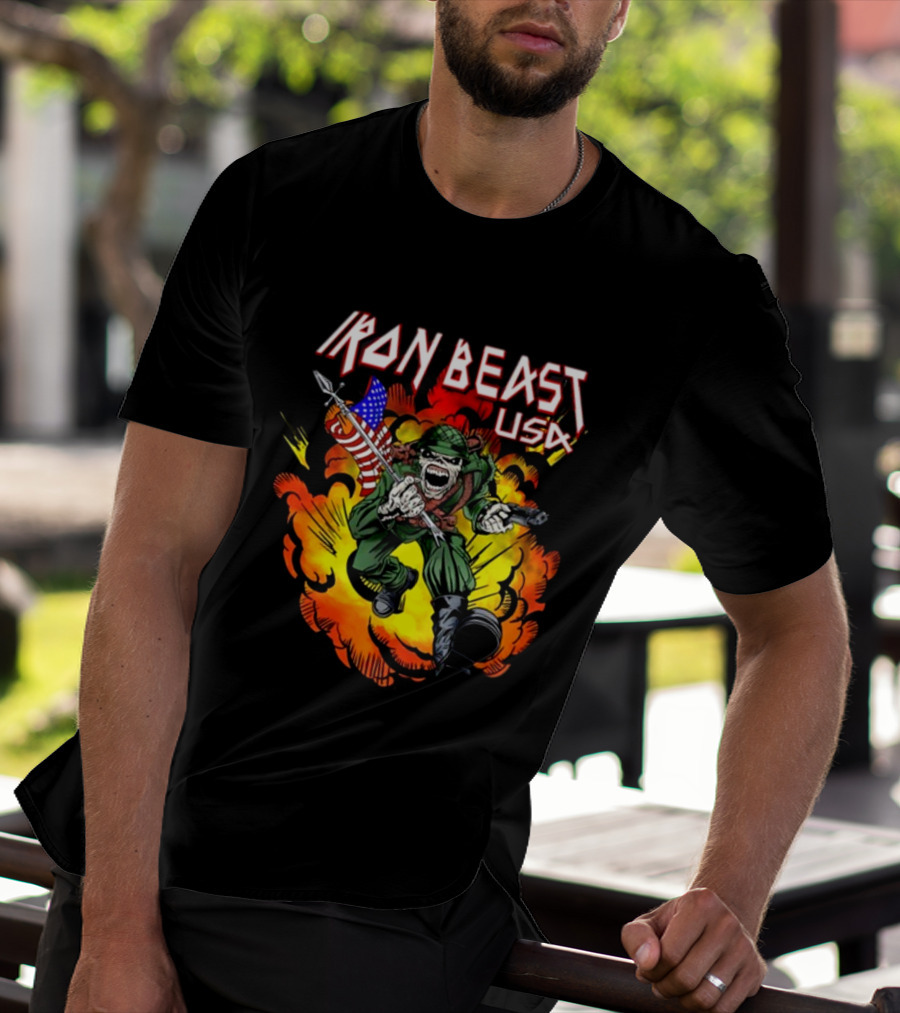 Iron Beast USA Explosive Soldier With American Flag T-Shirt
