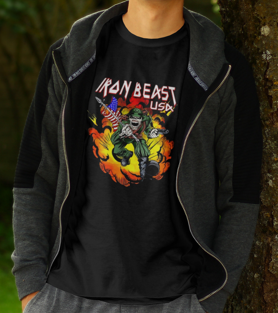Iron Beast USA Explosive Soldier With American Flag T-Shirt