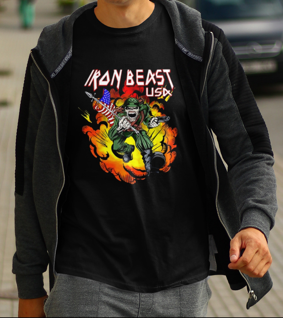 Iron Beast USA Explosive Soldier With American Flag T-Shirt