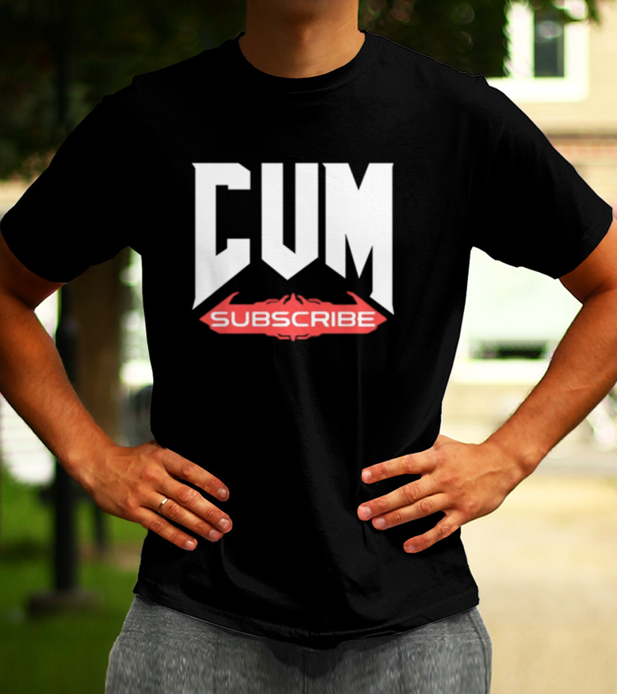 CUM Subscribe Doom Inspired Logo Gaming Meme T-Shirt