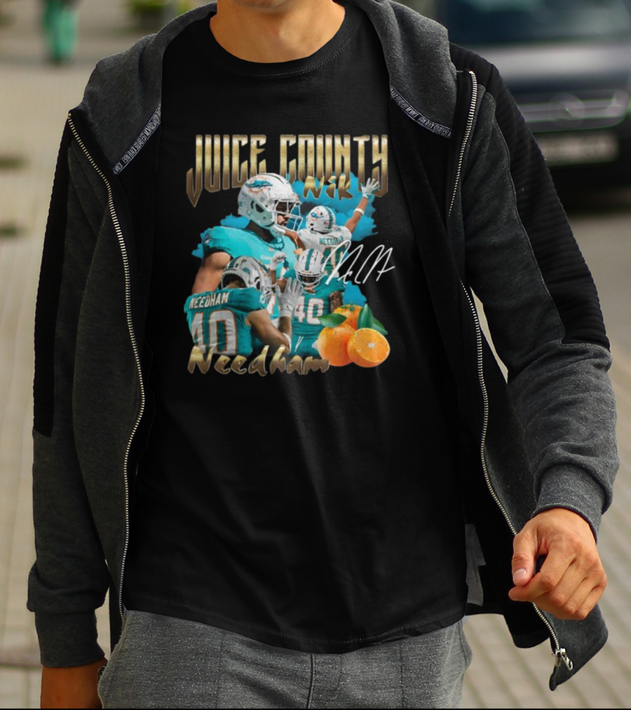 Clincboyzclothing Juice County Nik Needham Dolphins Football Player Signature Oranges T-Shirt