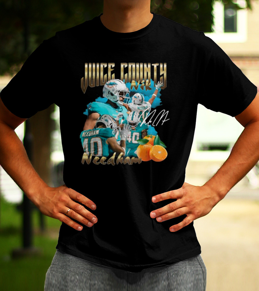 Clincboyzclothing Juice County Nik Needham Dolphins Football Player Signature Oranges T-Shirt