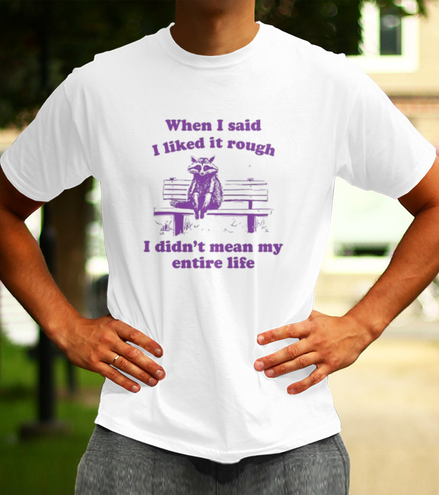 Raccoon Sitting On Bench When I Said I Liked It Rough I Didn't Mean My Entire Life T-Shirt