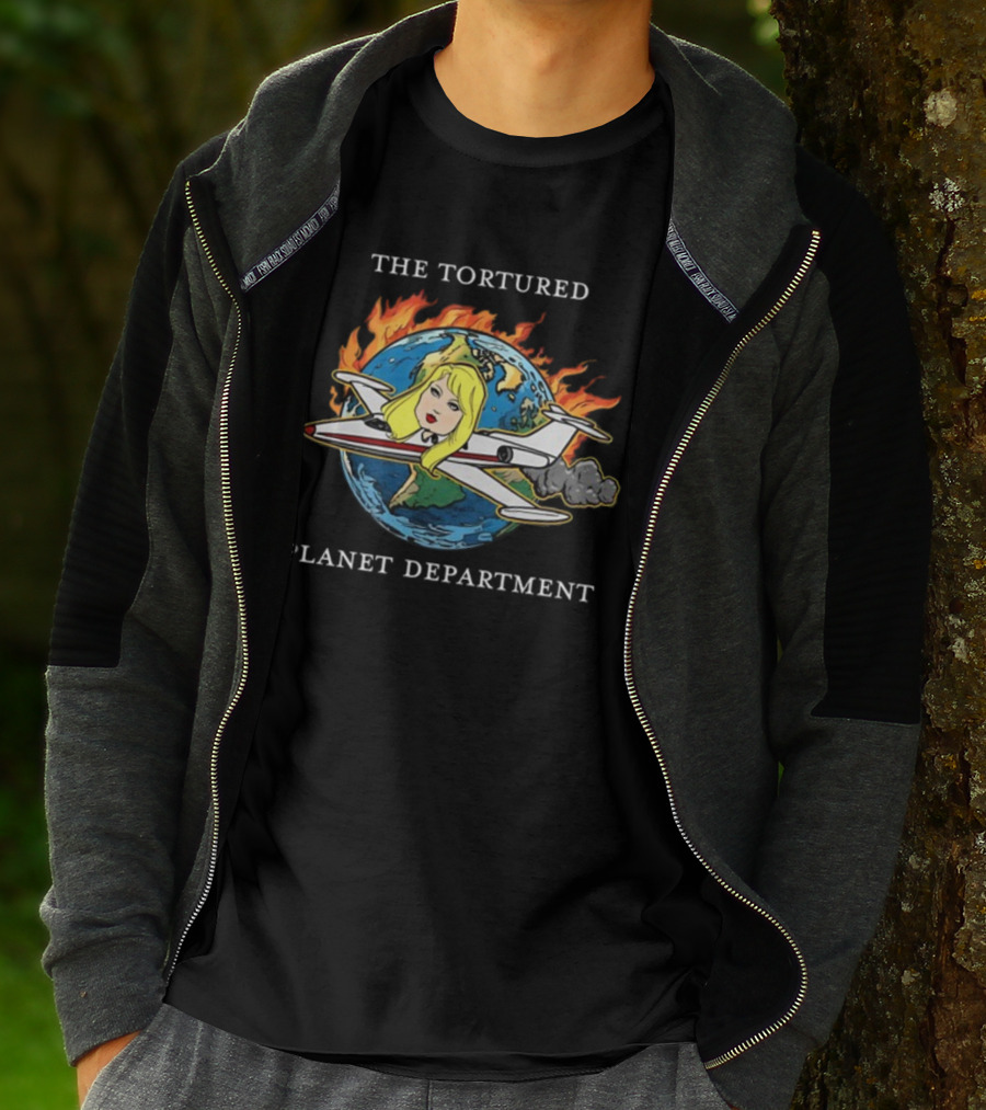 THE TORTURED PLANET FLAMING GLOBE AIRPLANE CARICATURE DEPARTMENT T-Shirt