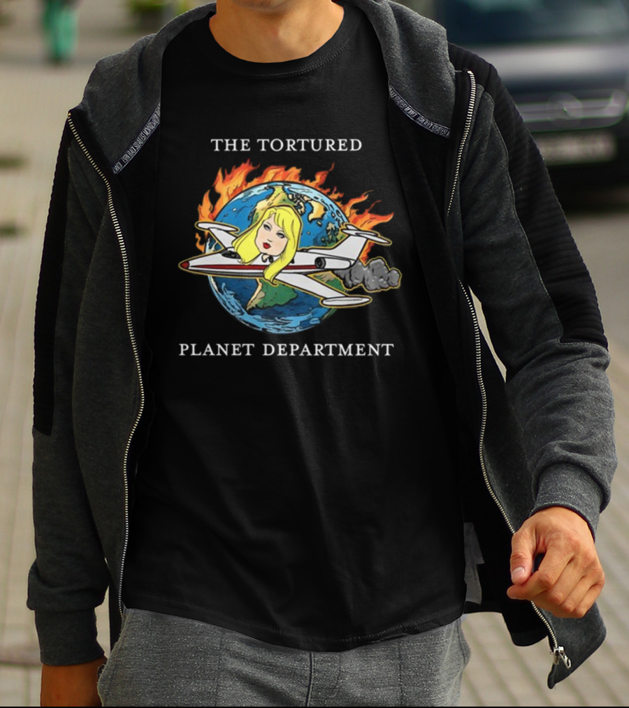 THE TORTURED PLANET FLAMING GLOBE AIRPLANE CARICATURE DEPARTMENT T-Shirt
