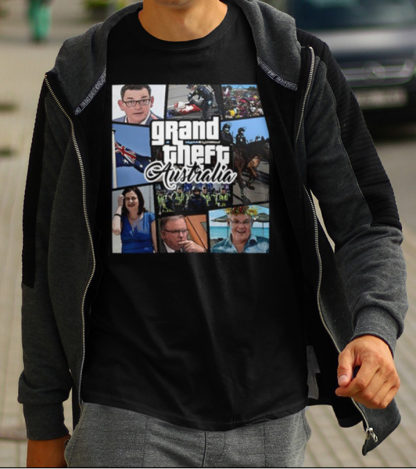 Grand Theft Australia Aussiebotstudio Political And Cultural Satire Collage T-Shirt