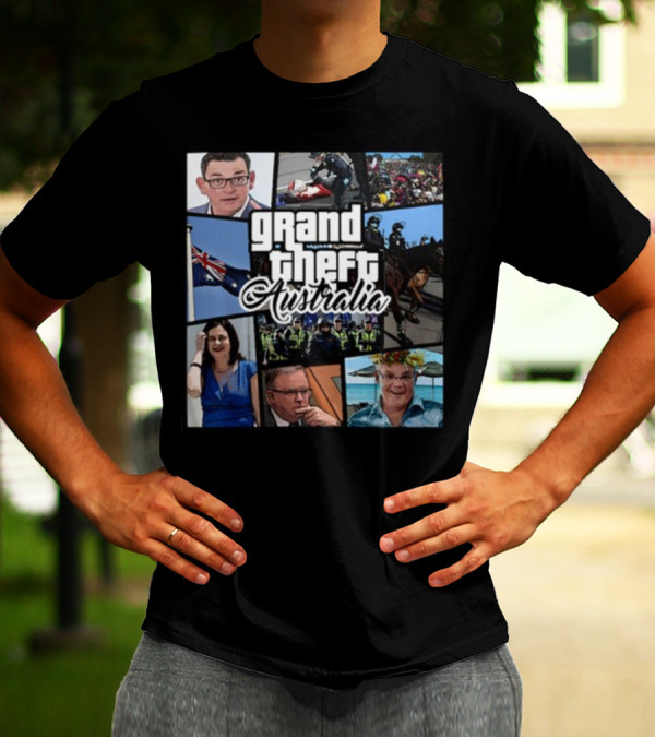 Grand Theft Australia Aussiebotstudio Political And Cultural Satire Collage T-Shirt
