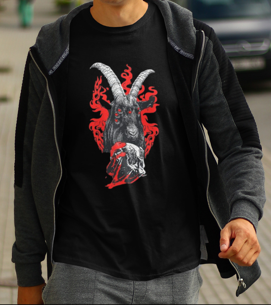 Blackcraft Cult Baphomet Goat Devil Skull With Red Flames And Hexed Hooves T-Shirt