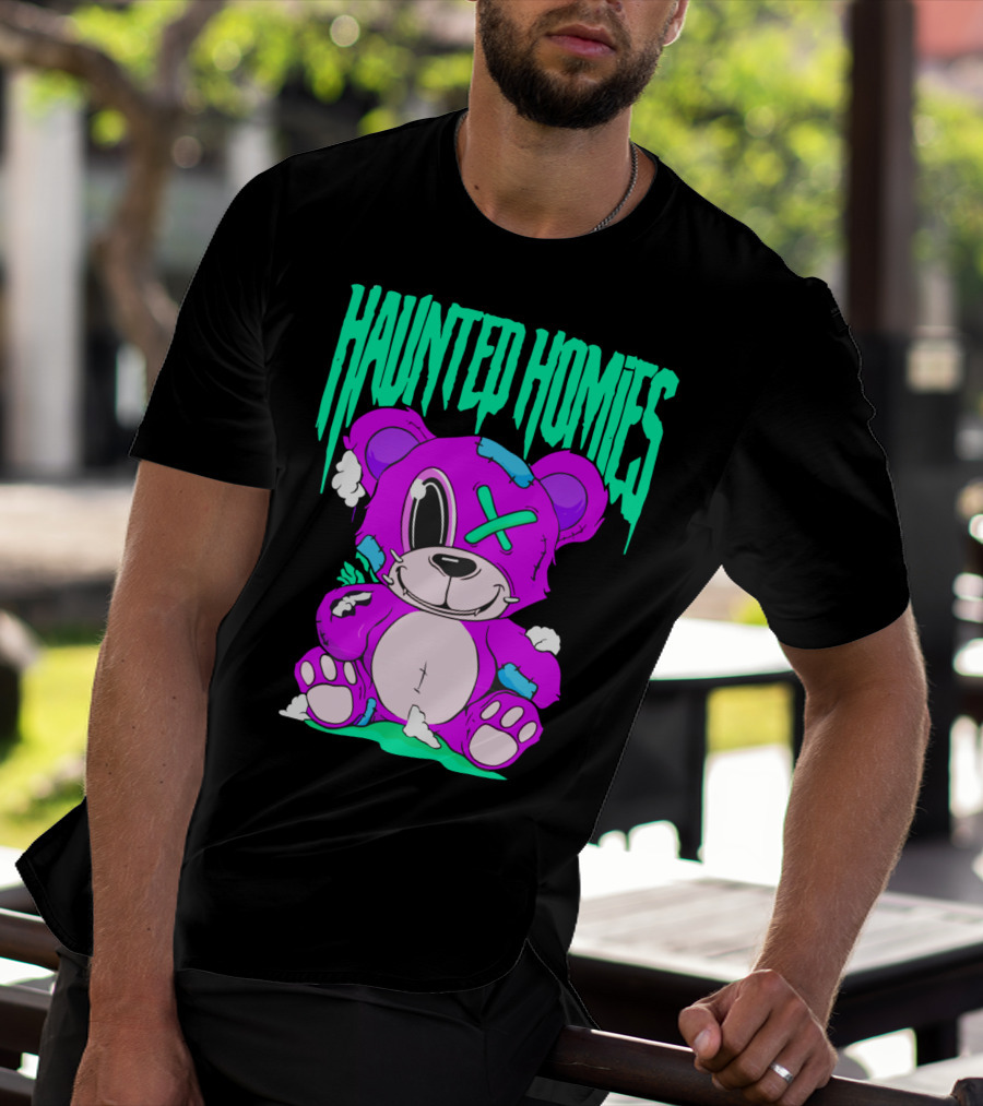 HAUNTED HOMIES Purple Teddy Bear Crossed Eye Patchwork T-Shirt