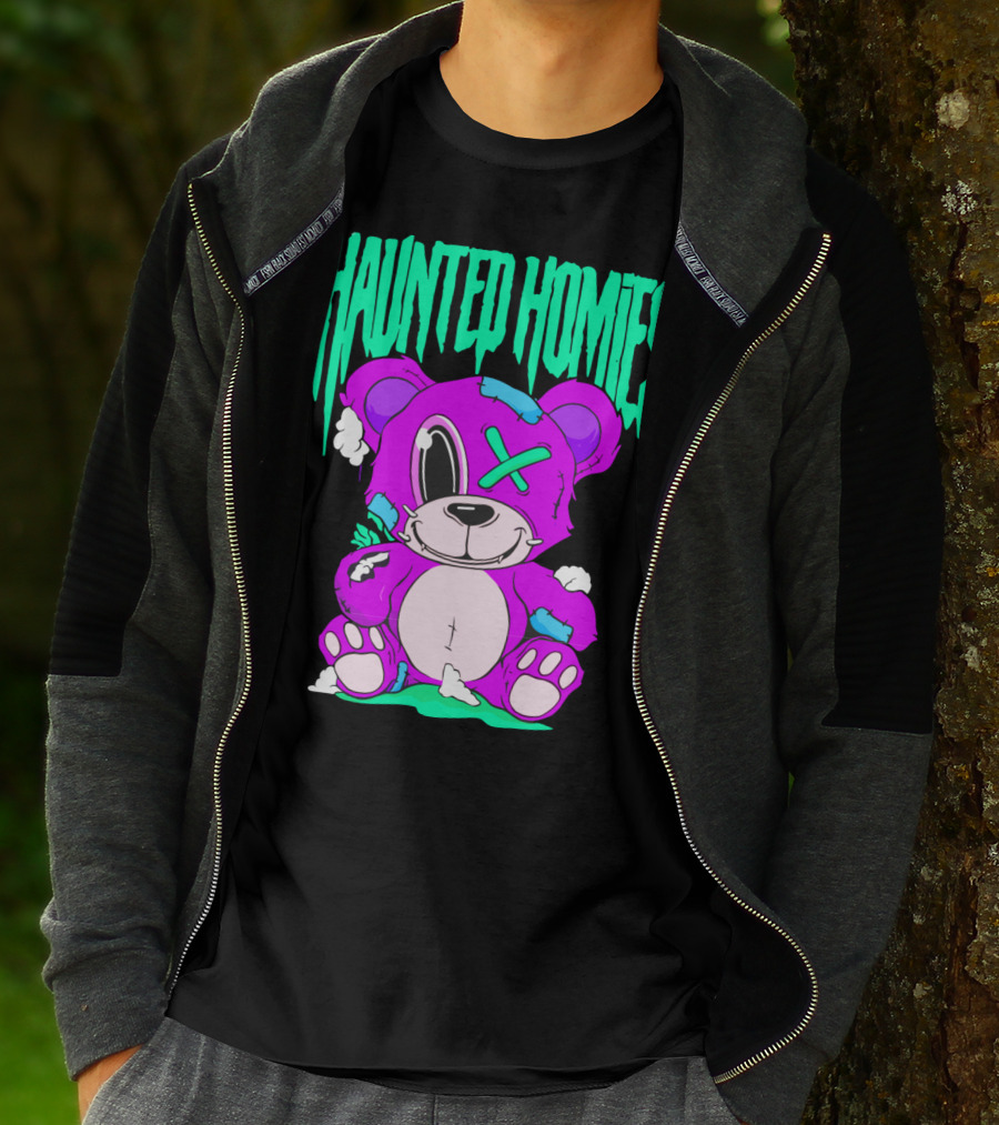 HAUNTED HOMIES Purple Teddy Bear Crossed Eye Patchwork T-Shirt