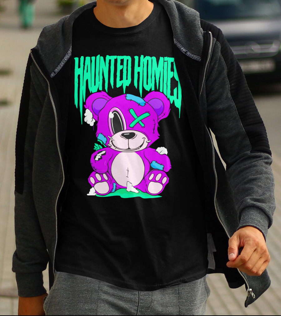 HAUNTED HOMIES Purple Teddy Bear Crossed Eye Patchwork T-Shirt