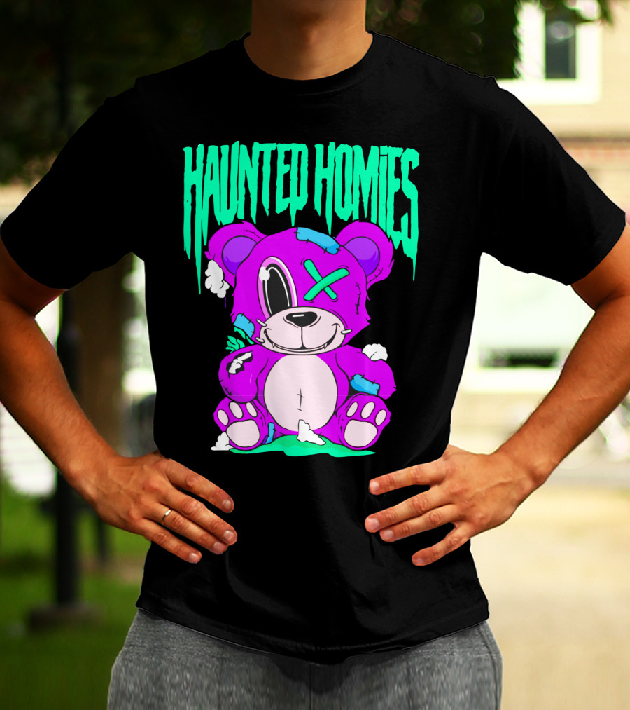 HAUNTED HOMIES Purple Teddy Bear Crossed Eye Patchwork T-Shirt