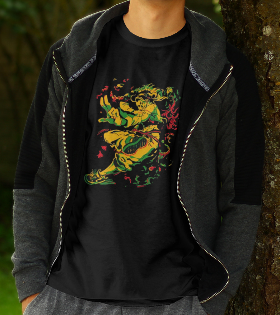 Theyetee Jamie Street Fighter Character Dynamic Pose With Colorful Energy Explosion T-Shirt
