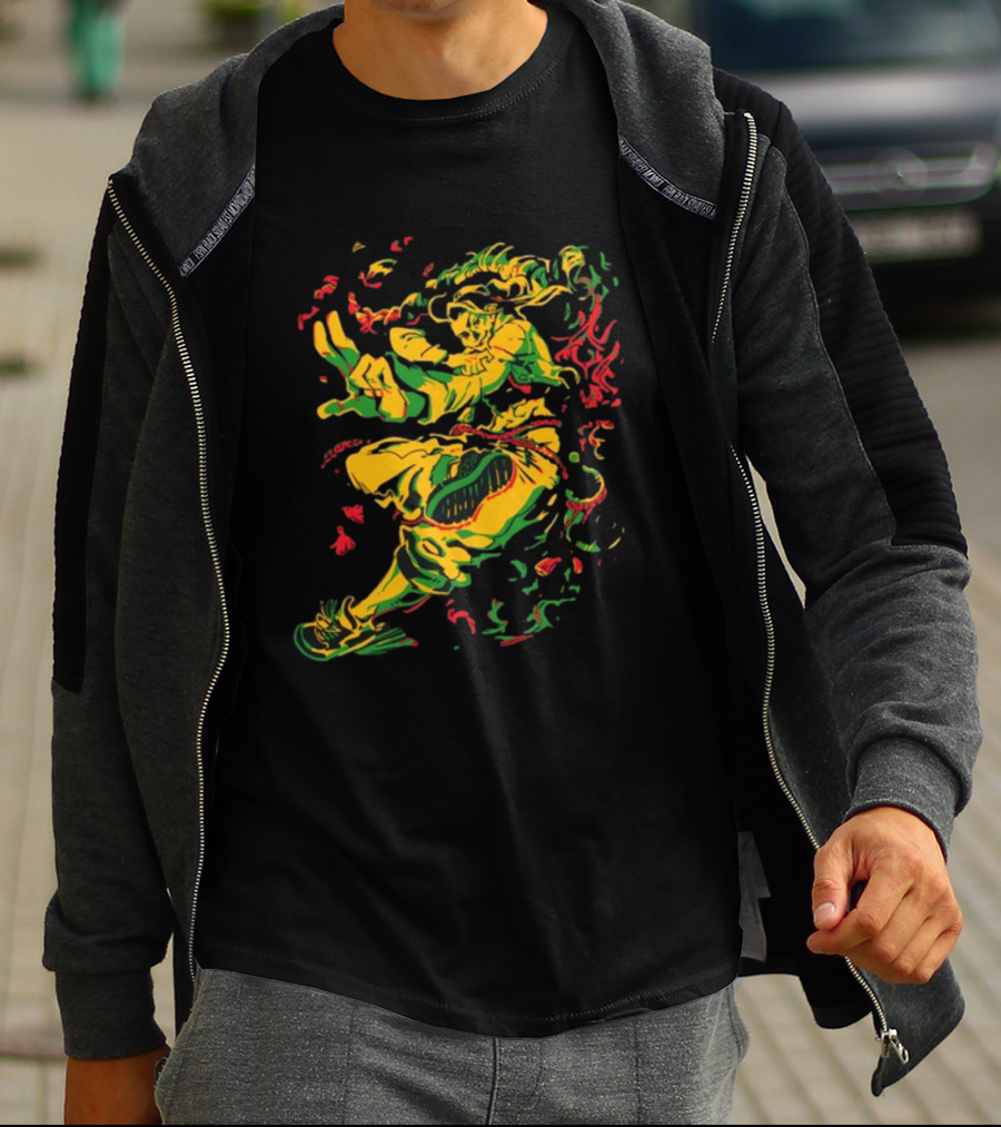 Theyetee Jamie Street Fighter Character Dynamic Pose With Colorful Energy Explosion T-Shirt