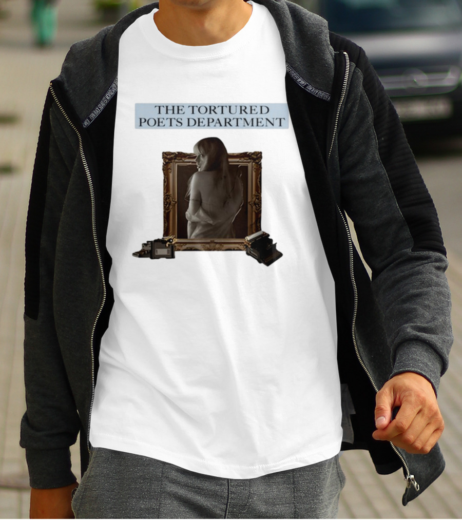 Chartsandshirts The Tortured Poets Department Framed Figure With Books And Typewriter T-Shirt