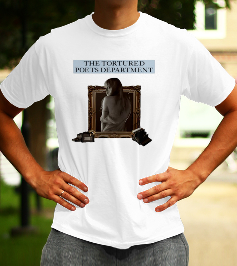 Chartsandshirts The Tortured Poets Department Framed Figure With Books And Typewriter T-Shirt