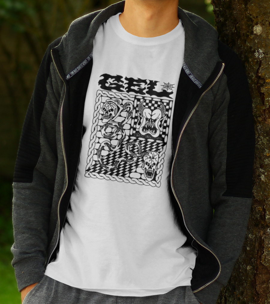 Gel Skull Chains Flames Checkered T-Shirt