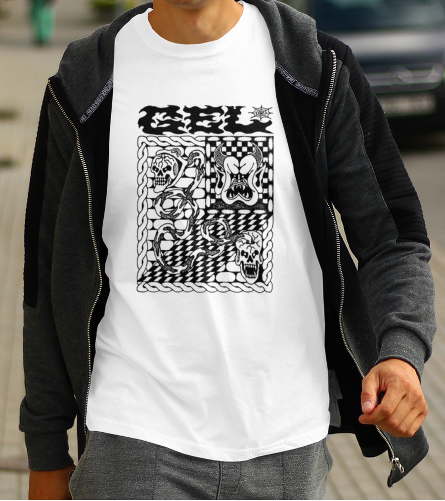 Gel Skull Chains Flames Checkered T-Shirt