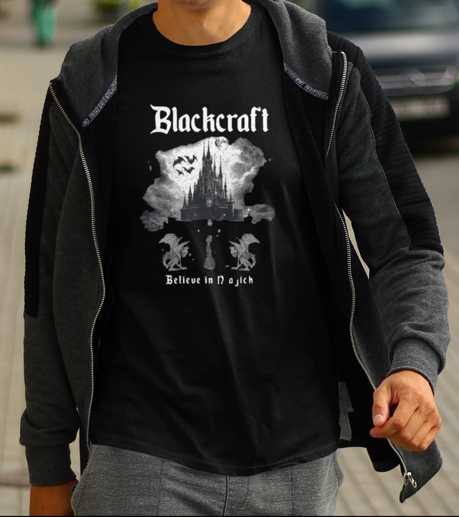 Blackcraft Believe In Magick Gothic Castle With Bats And Gargoyles T-Shirt