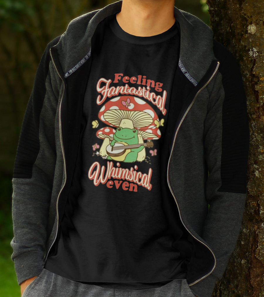 Feeling Fantastical Whimsical Even Frog Playing Banjo Under Mushroom With Butterflies T-Shirt