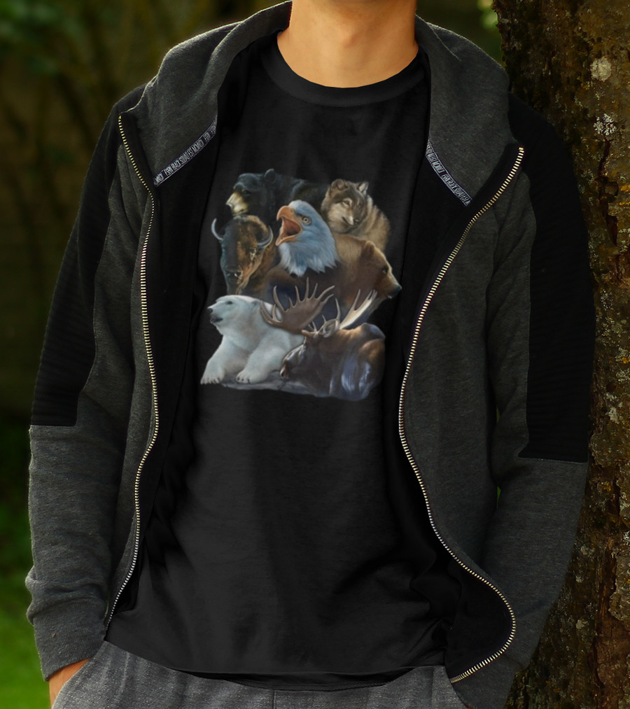 Wild Animal Collage Bear Wolf Eagle Moose Bison Polar Bear Crewneck T-Shirt