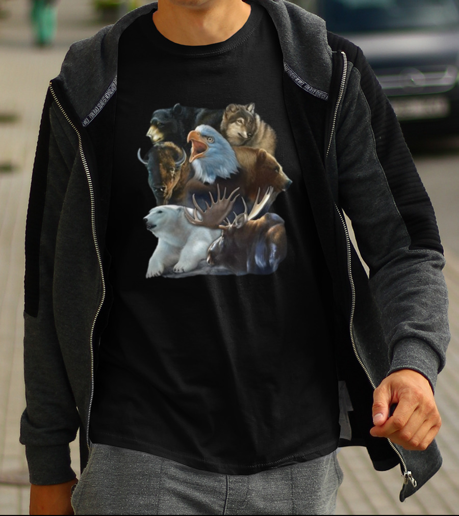 Wild Animal Collage Bear Wolf Eagle Moose Bison Polar Bear Crewneck T-Shirt