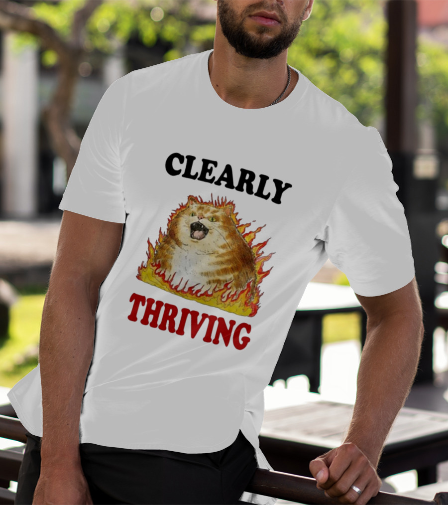 CLEARLY THRIVING Fluffy Cat In Flames T-Shirt