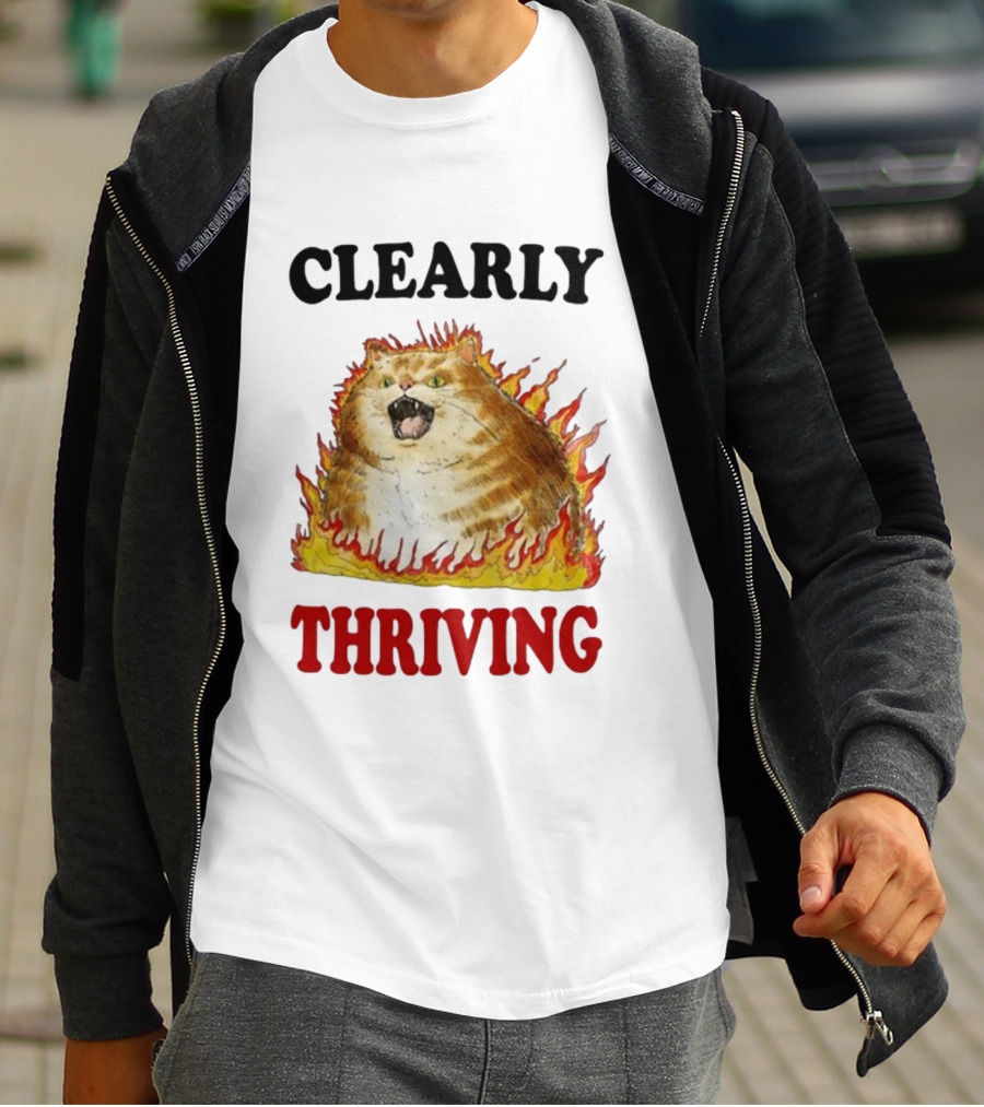 CLEARLY THRIVING Fluffy Cat In Flames T-Shirt