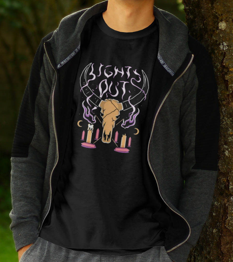 Lights Out Bison Ritual Candles Skulls Moons T-Shirt