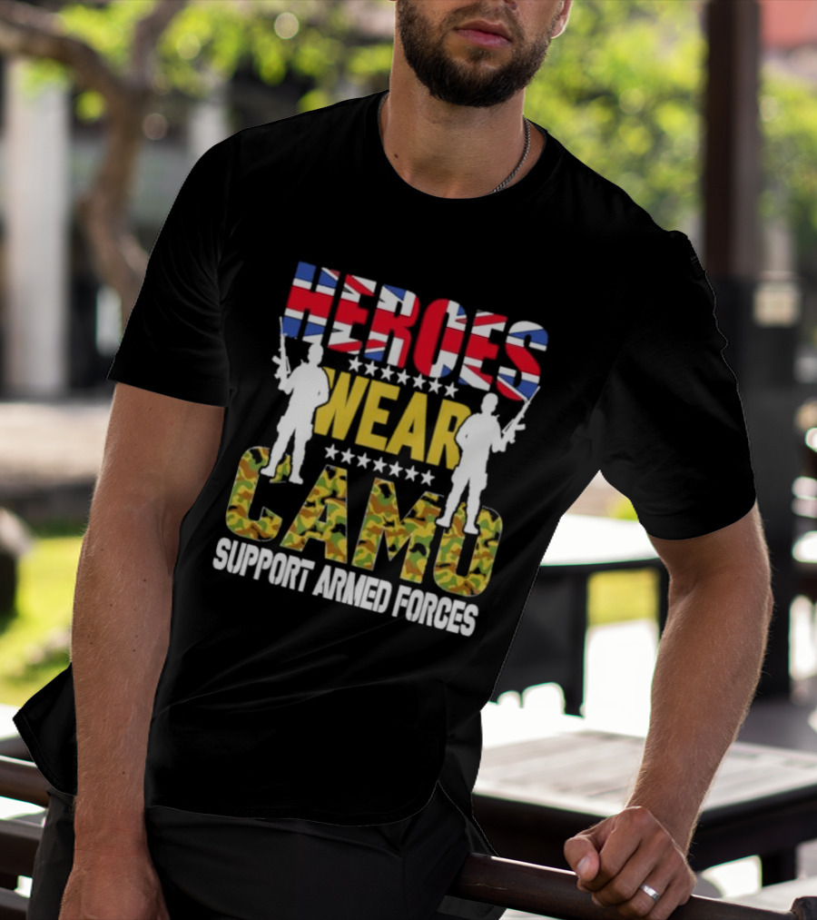 Heroes Wear Camo Support Armed Forces UK Flag T-Shirt