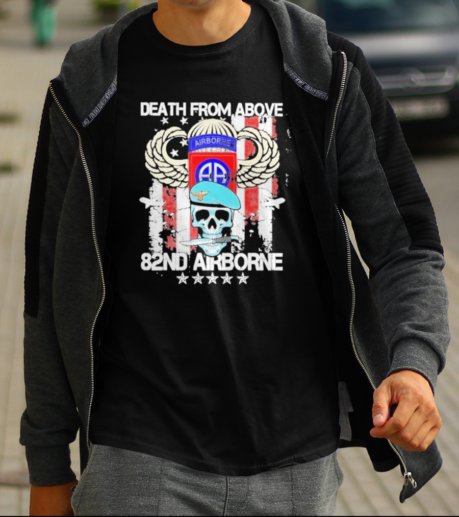 Death From Above Skull With Wings 82nd Airborne Paratrooper Badge And Stars T-Shirt