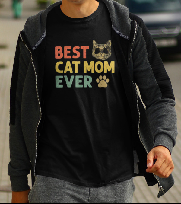 Best Cat Mom Ever Vintage Cat With Sunglasses And Paw Prints T-Shirt