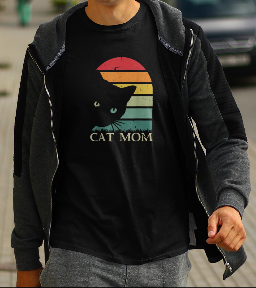 Vintage Cat Mom For Women Funny Cat Mom Mother Retro Sunset Cat T-Shirt