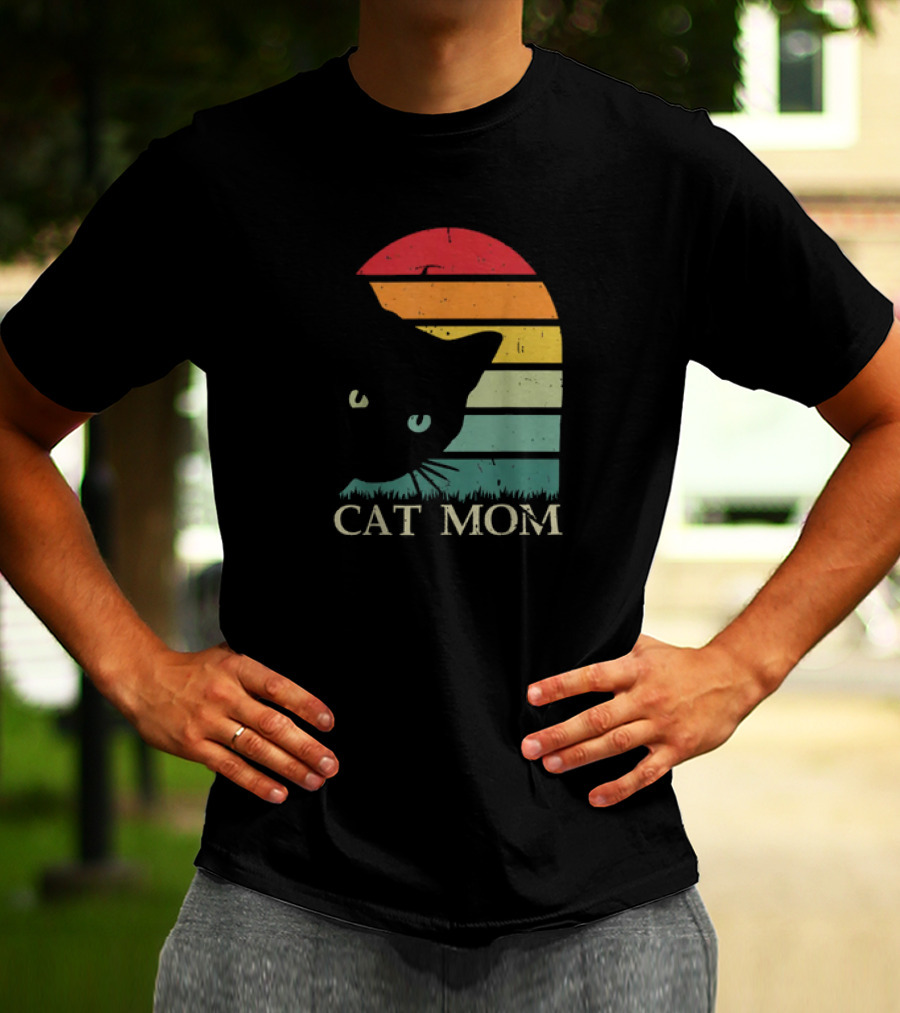Vintage Cat Mom For Women Funny Cat Mom Mother Retro Sunset Cat T-Shirt