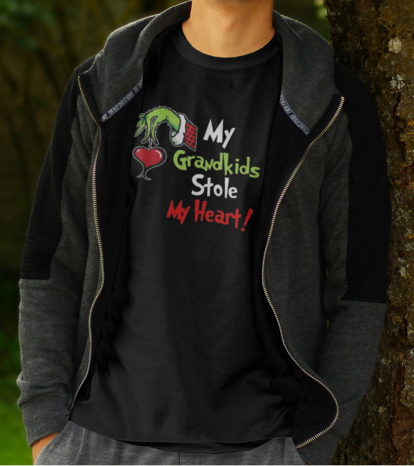Grinch Green Monster Christmas My Grandkids Stole My Heart Kids Textured Sleeves T-Shirt