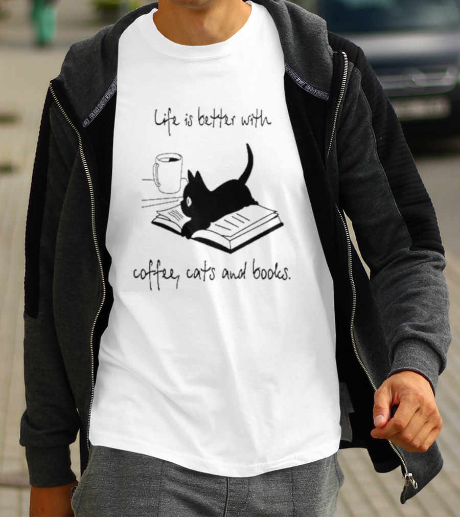Life Is Better With Coffee Cats And Books Cute Black Cat T-Shirt