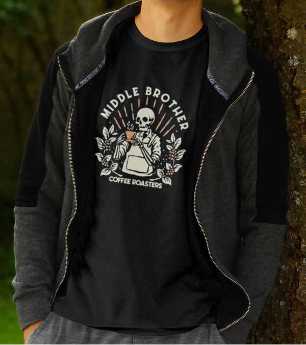 Middle Brother Coffee Roasters Skeleton Barista Holding Coffee Cup T-Shirt