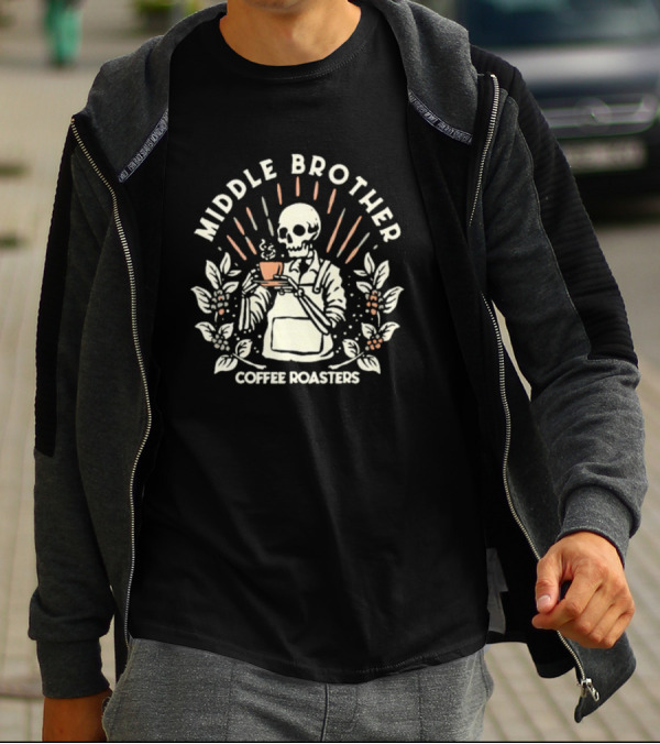 Middle Brother Coffee Roasters Skeleton Barista Holding Coffee Cup T-Shirt