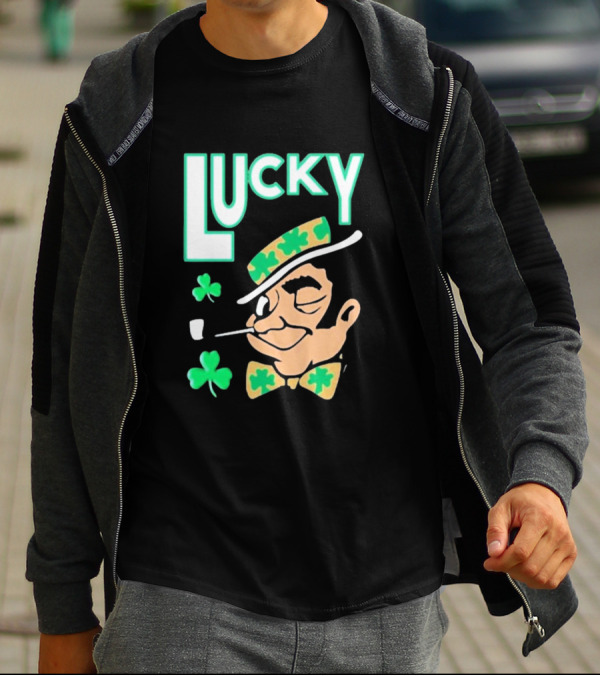 Boston Celtics Lucky The Leprechaun Shamrock Winking Pipe T-Shirt