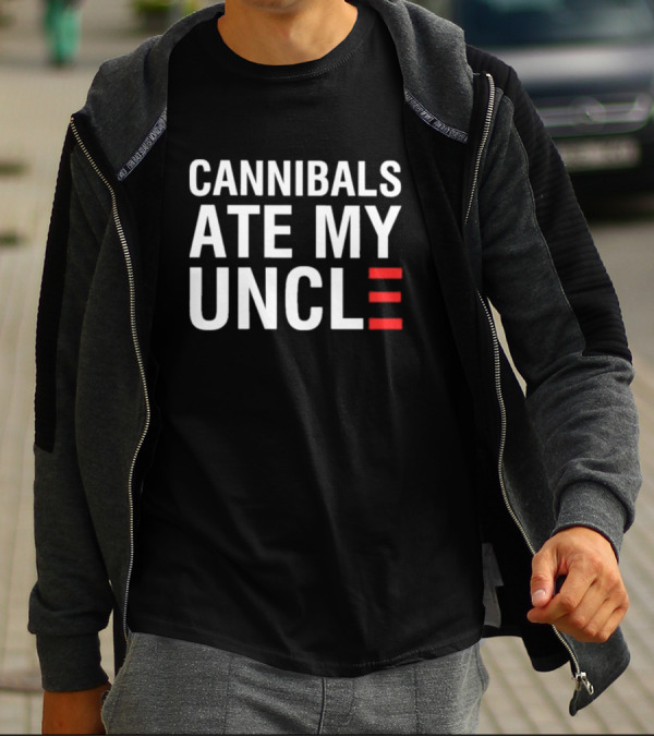 Cannibals Ate My Uncle White Text Red Stripes T-Shirt